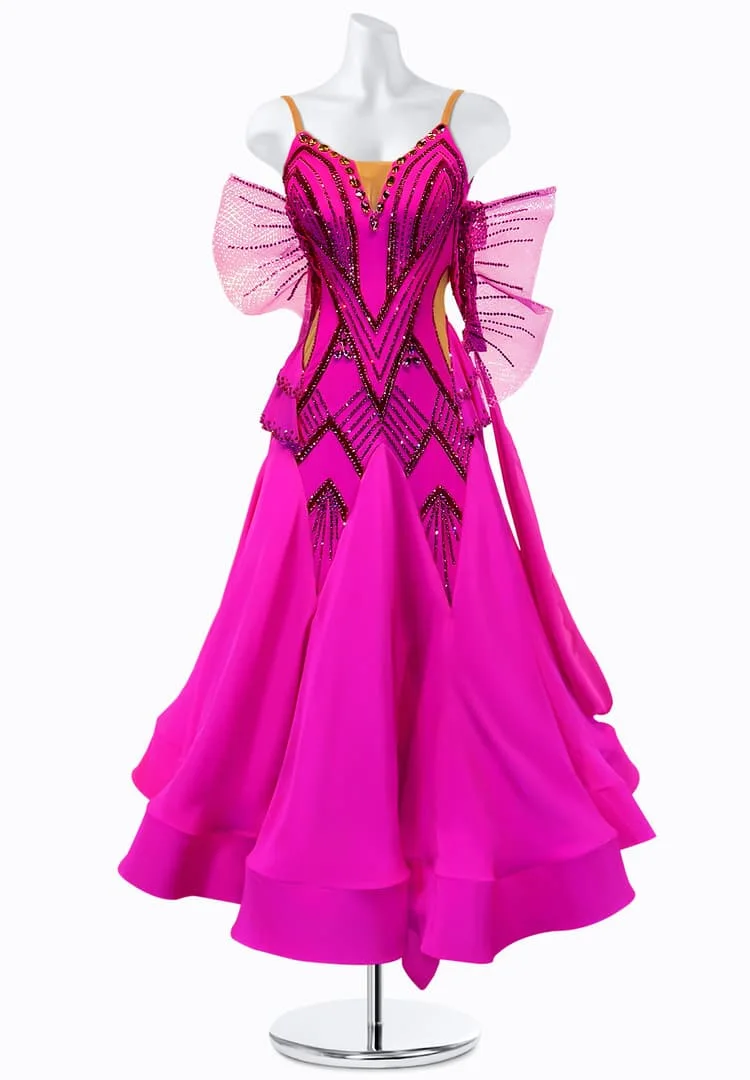 Fuchsia geometric Ballroom gown with ruffled arm accents, A25B-023, garment photograph