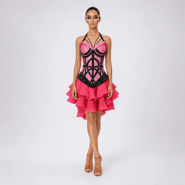 Pink & black ruffle Latin competition dress, A25-005, garment photograph